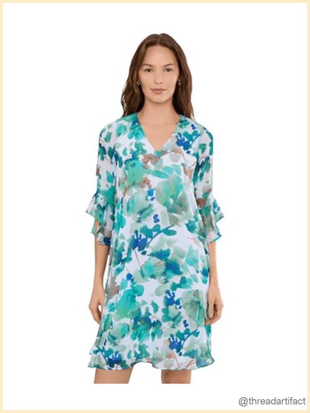 3/4 Sleeve Chiffon Floral Shift Dress V-Neck Knee-Length